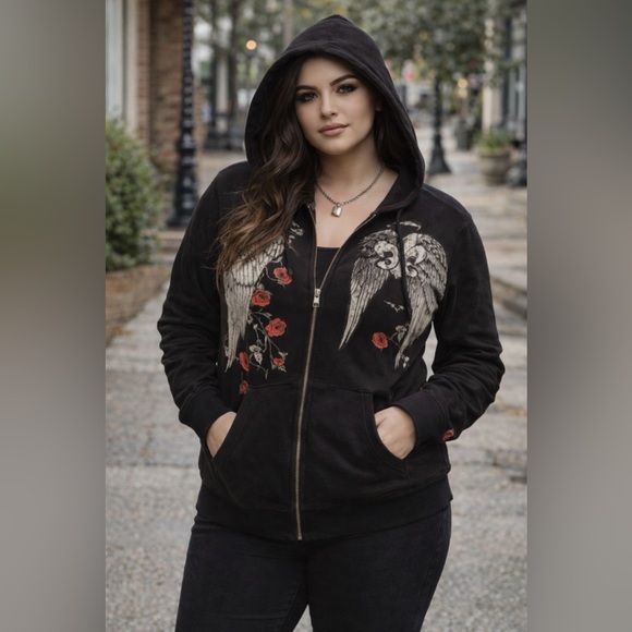 torrid Jackets & Blazers - Vintage Torrid Born Famous Couture Hoodie
Sequin Wings Rose Black Size Large